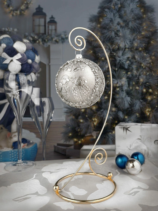 Set of 3 silver Christmas balls "Bells, Happy childhood and Bullfinches"